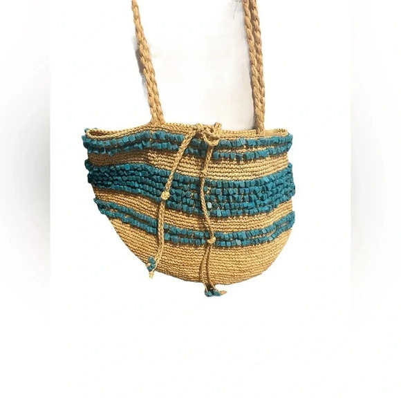 J. Crew Woven Straw Turquoise Stone Detail Tote Bag - Picture 2 of 6
